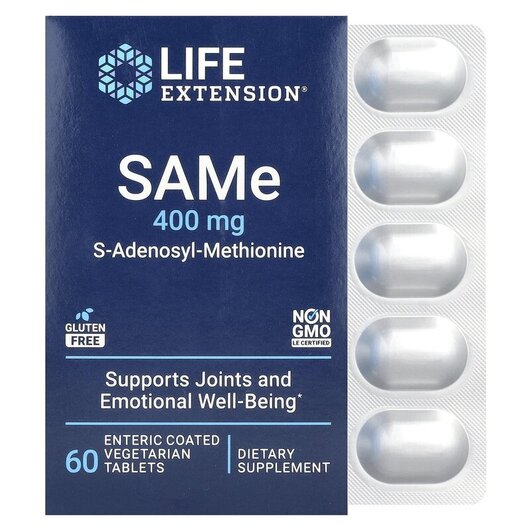 Основне фото товару SAMe S-Adenosyl-Methionine 400 mg Основне фото товару Life Extension, SAMe 400 mg, САМе Аденозил-метионін, 60 таблеток