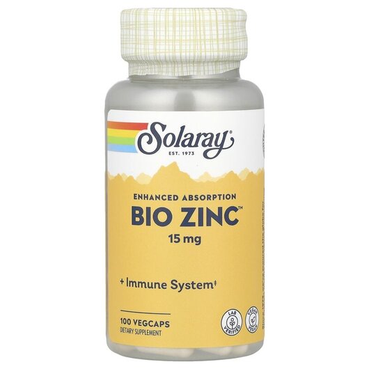 Основне фото товару Bio Zinc 15 mg Основне фото товару Solaray, Bio Zinc 15 mg, Био Цинк 15 мг, 100 капсул