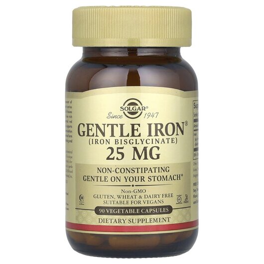 Основне фото товару Gentle Iron 25 mg Основне фото товару Solgar, Gentle Iron 25 mg, М'яке залізо, 90 капсул