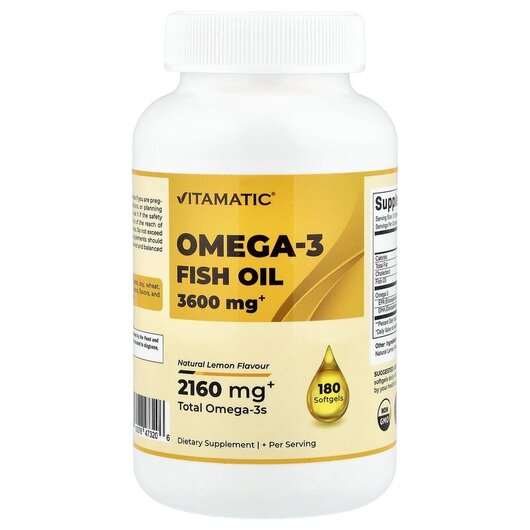 Основне фото товару Vitamatic, Omega-3 Fish Oil Natural Lemon, Омега 3, 180 капсул