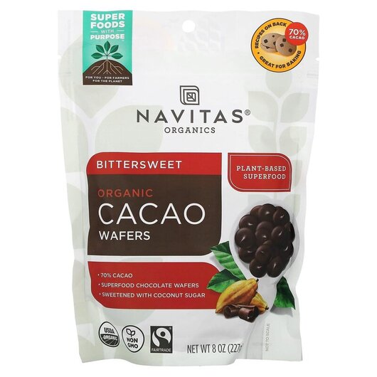 Основне фото товару Organic Cacao Wafers Bittersweet, Какао у порошку, 227 г