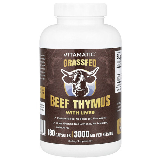 Основне фото товару Vitamatic, Grassfed Beef Thymus with Liver, Тимус, 180 капсул