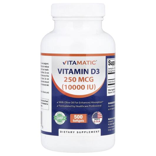 Основне фото товару Vitamatic, Vitamin D3 250 mcg 10000 IU, Вітамін D3, 500 капсул