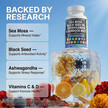 Фото використання Sea Moss Black Seed Oil Ashwagandha Turmeric Bladderwrack Burdock & Vitamin C Vitamin D3 with Elderberry Manuka Dandelion Yellow Dock Iodine Chlorophyll ACV Фото використання Sea Moss Black Seed Oil Ashwagandha, Ірландський морський мох, 60